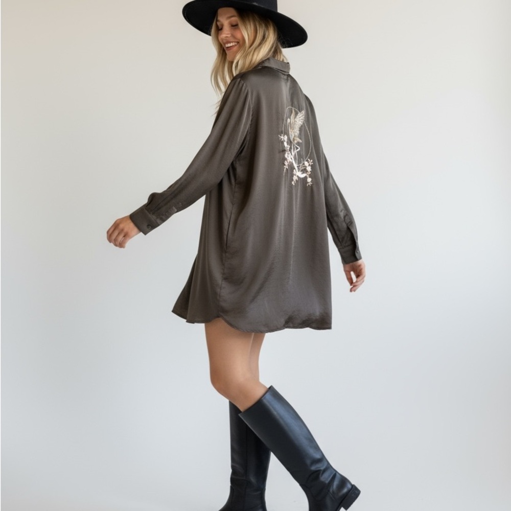 Zara Olive Embroidered Shirt Dress - Size L